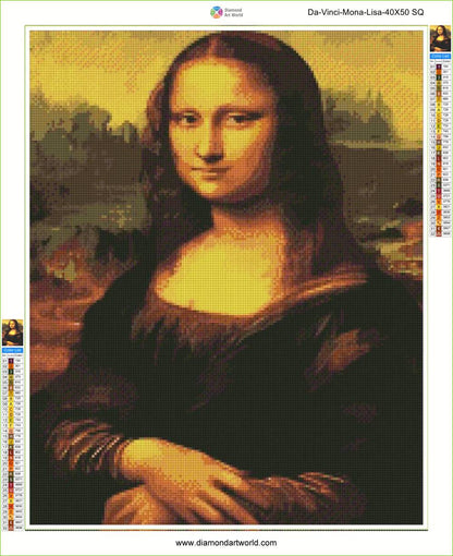 Mona Lisa diamond painting with a grid overlay and color swatch panel. Da Vinci Mona Lisa - Diamond Painting Layout