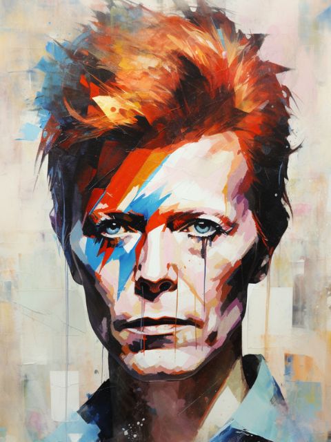 A colorful painted portrait of David Bowie with bright orange, red, blue, black, and white brushstrokes on a light textured background. David Bowie - Diamond Art World