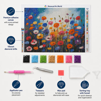 Diamond painting kit contents with adhesive canvas, 30% extra drills, applicator pen, tweezers, wax pad and sorting tray