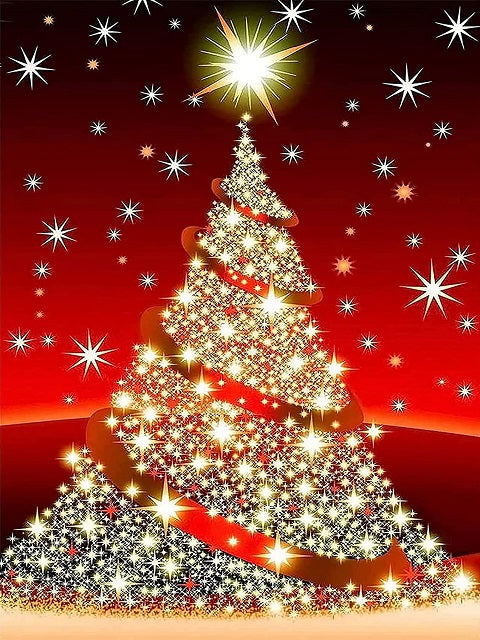 A festive Christmas tree illustration with glowing gold lights, red ribbon accents, and a bright starburst at the top against a red background with scattered white and gold stars. Diamond Christmas Tree - Diamond Painting