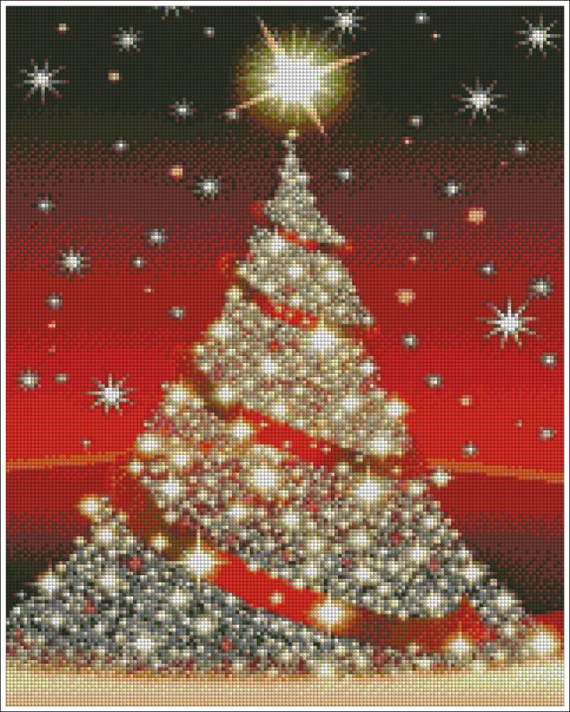 A festive Christmas tree design with a glowing star on top, set against a dark sky with scattered stars. The tree is decorated with white and silver lights and red ribbon accents, with a red gradient background. Diamond Christmas Tree - Diamond Art