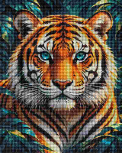 A close-up tiger face artwork with vivid orange fur, black stripes, white facial markings, and bright blue eyes against a dark tropical leaf background. Diamond Eyed Tiger - Diamond Art