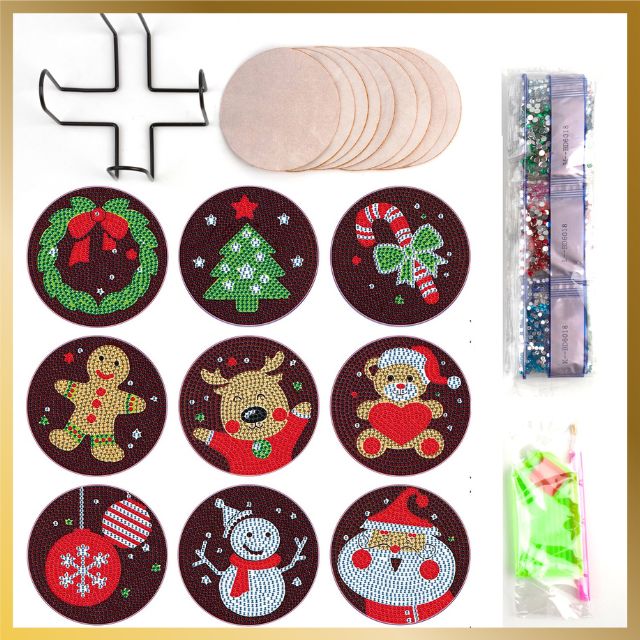 9 Pcs Diamond Painting Coasters - Christmas Fun - Product Detail