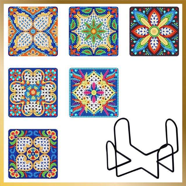 6 Pcs Diamond Painting Coasters - Floral Mandala
