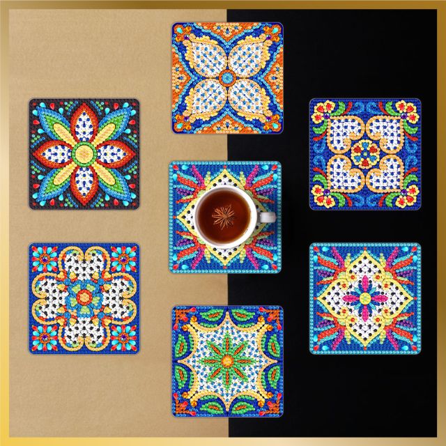 6 Pcs Diamond Painting Coasters - Floral Mandala Main image