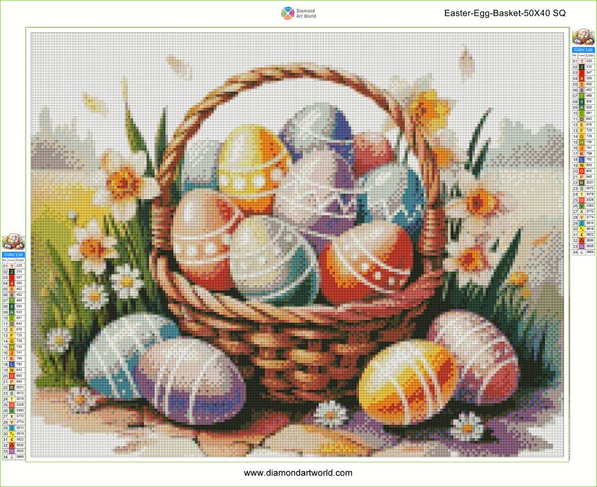 Diamond painting lyout of a basket with Easter eggs and flowers. Easter Egg Basket - Diamond Art World