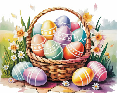 Basket of colorful Easter eggs with flowers on a grassy background. Easter Egg Basket - Diamond painting