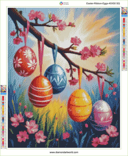 Diamond painting layout with Easter eggs and ribbons on a floral branch. Easter Ribbon Eggs - Diamond Art World