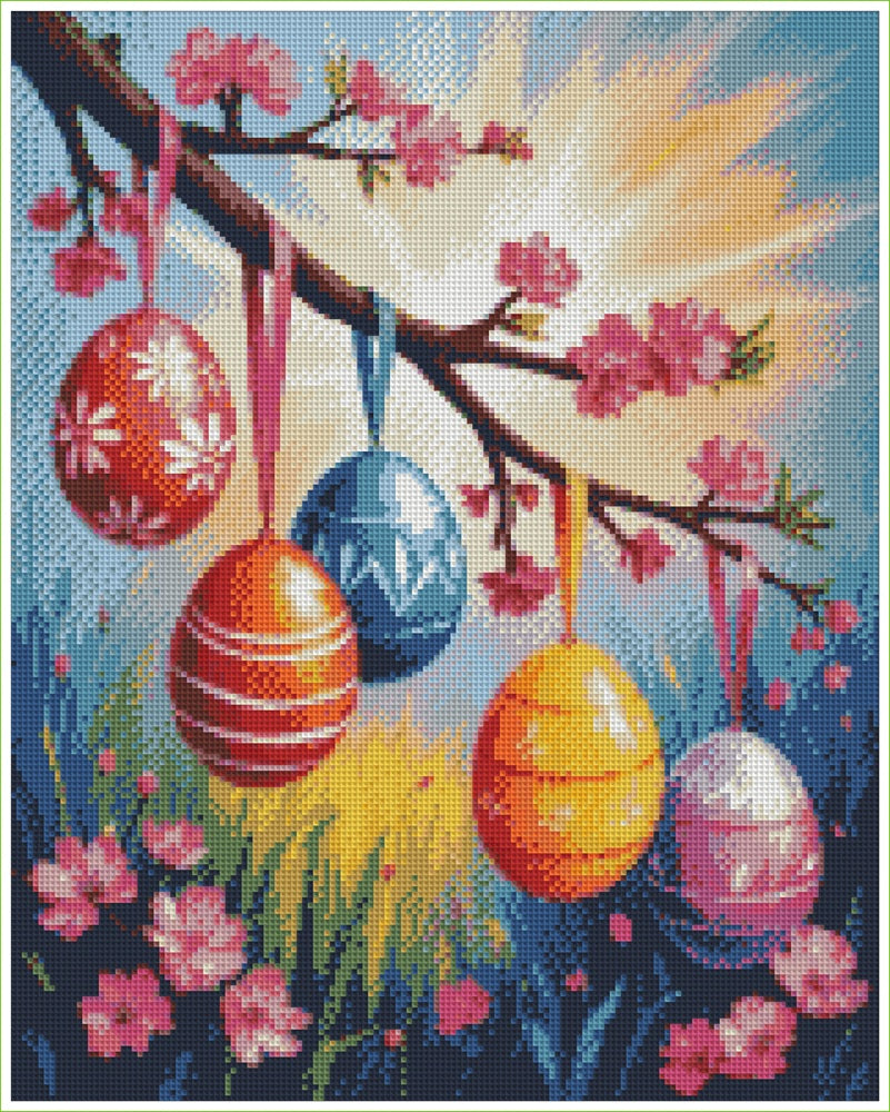 Diamond pinting pattern of Easter eggs hanging from a branch with flowers