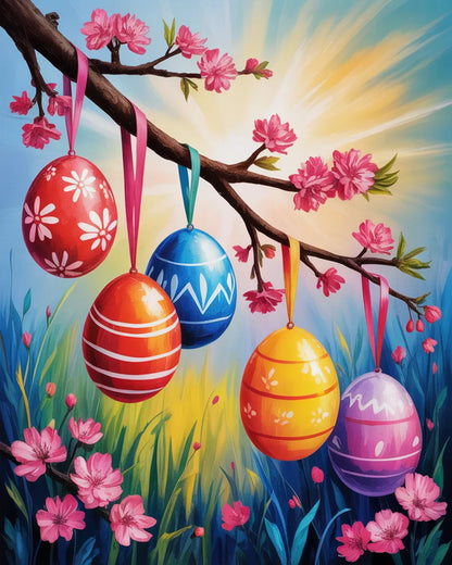 Colorful Easter eggs hanging from a branch with pink flowers and a bright sun in the background. Easter Ribbon Eggs - Diamond painting