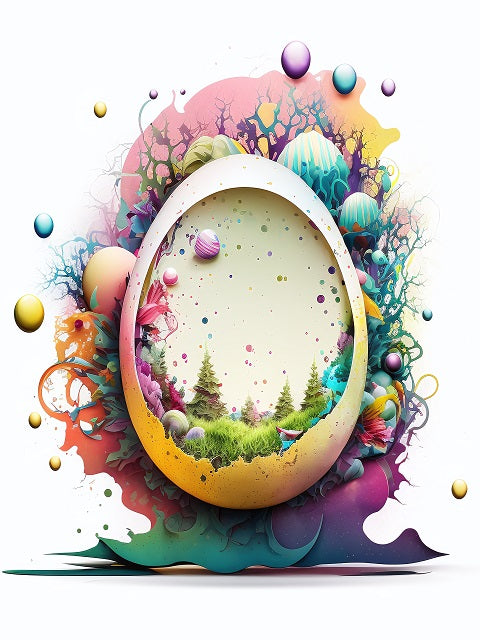A vibrant, colorful Easter-themed digital illustration featuring a large cracked eggshell with a miniature forest scene inside, surrounded by splashes of paint, decorative eggs, and abstract colorful elements on a white background. Easter Egg World Fantasy - Diamond Painting