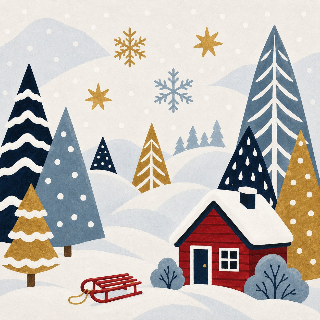 A stylized winter landscape illustration with a small red cabin, snow-covered trees, snowballs, stars, and a sled on a snowy hillside. Easy Painting Winter Country - Diamond Painting