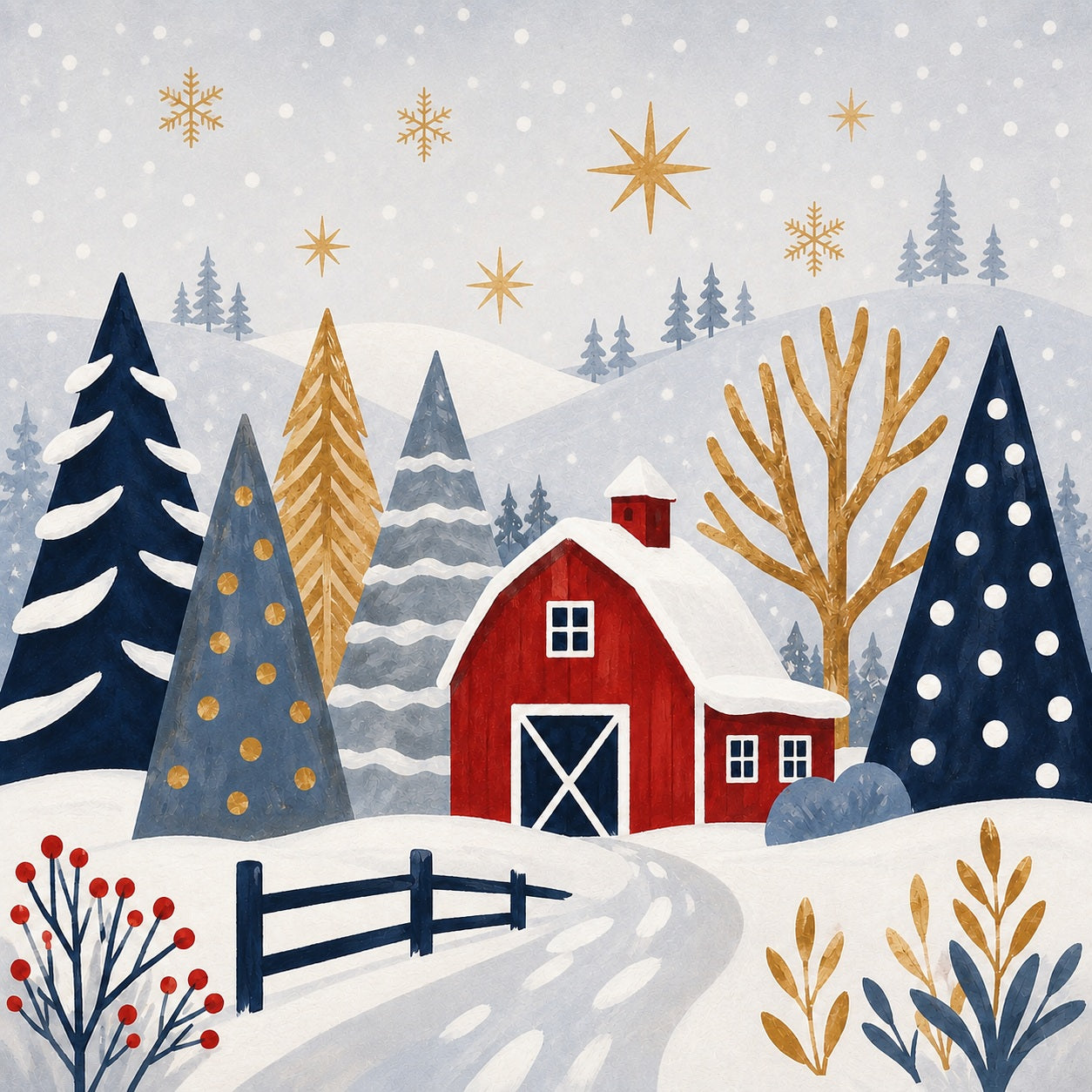 A stylized winter landscape illustration featuring a red barn with a snowy roof, snow-covered trees, a fence, and gold stars and snowflakes on a pale blue-gray sky. Easy Painting Winter Time Diamond Painting