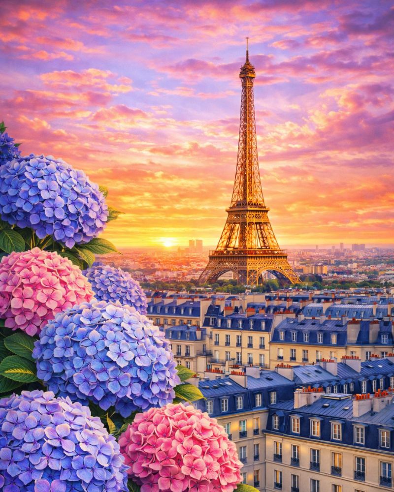 Eiffel Tower diamond painting with Paris sunset and colorful flowers