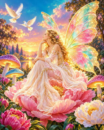 A fantasy fairy woman with large iridescent wings sits on a large pink flower in a glowing meadow at sunset, surrounded by oversized flowers, mushrooms, birds, and trees. The scene is highly colorful and dreamlike. Fairyland - Diamond Painting