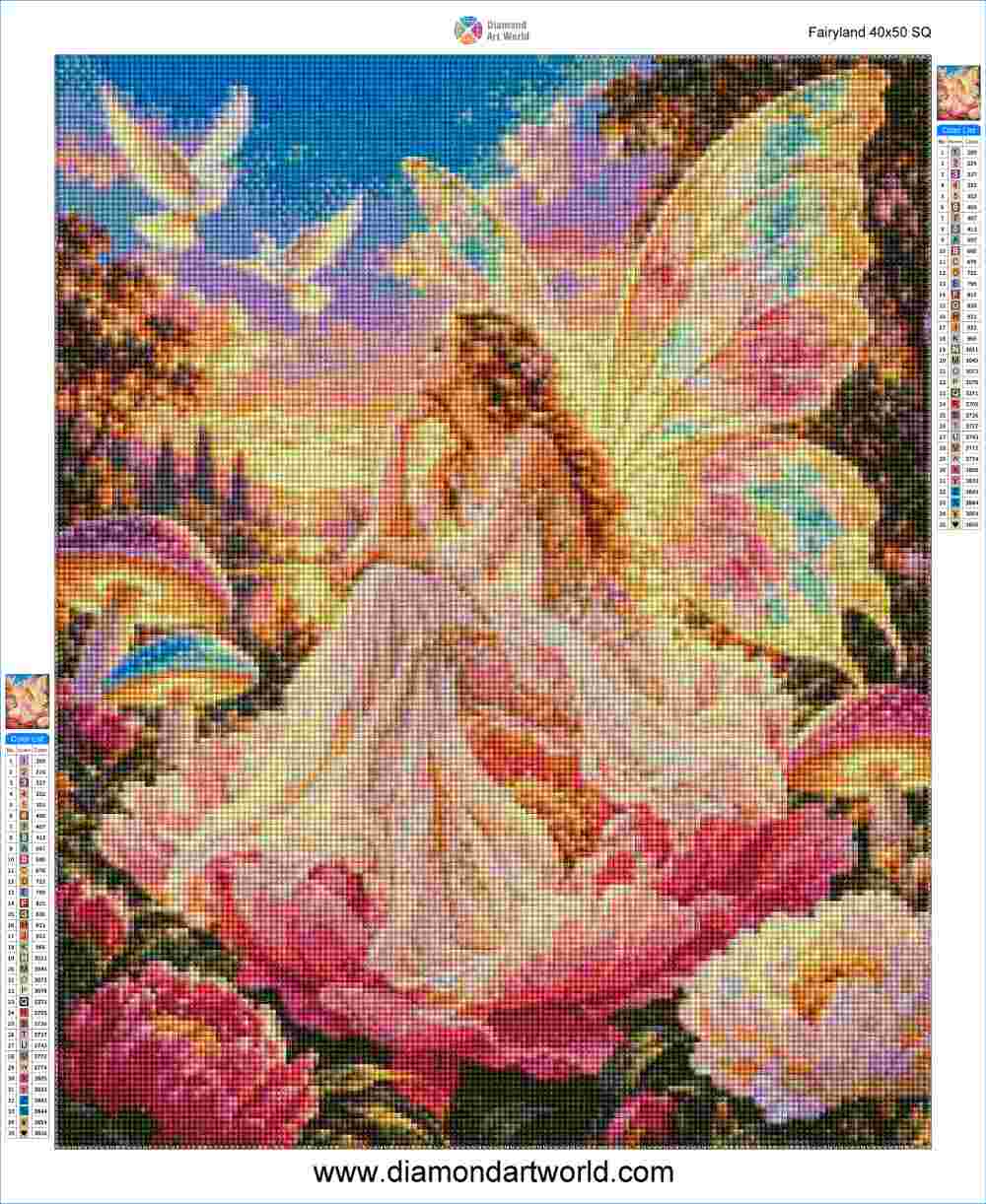 A colorful diamond painting design sheet featuring a fairy with large pastel wings sitting among pink flowers and mushrooms under a blue sky with birds. The sheet includes color swatch columns on the sides and the text 'Fairyland 40x50 