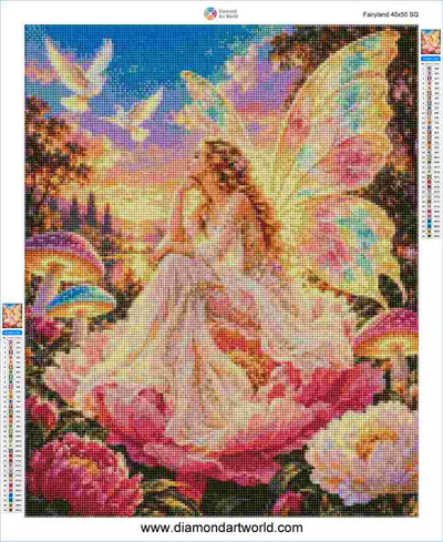 A colorful diamond painting design sheet featuring a fairy with large pastel wings sitting among pink flowers and mushrooms under a blue sky with birds. The sheet includes color swatch columns on the sides and the text 'Fairyland 40x50 