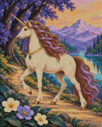 A colorful diamond painting artwork showing a white unicorn with a purple and brown mane walking along a path beside a lake, with mountains, trees, and flowers in the background. Fantasy Unicorn - Diamond Art
