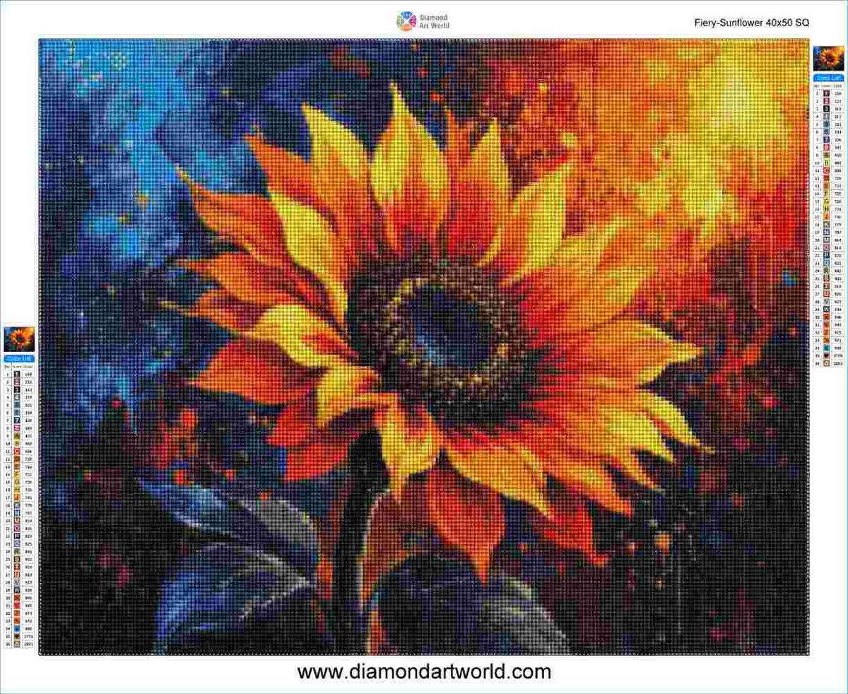 A stylized painting of a large sunflower with glowing orange and yellow petals, a dark brown center, and dark leaves against an abstract background with blue, red, and orange paint splashes. Fiery Sunflower - Diamond Painting Layout