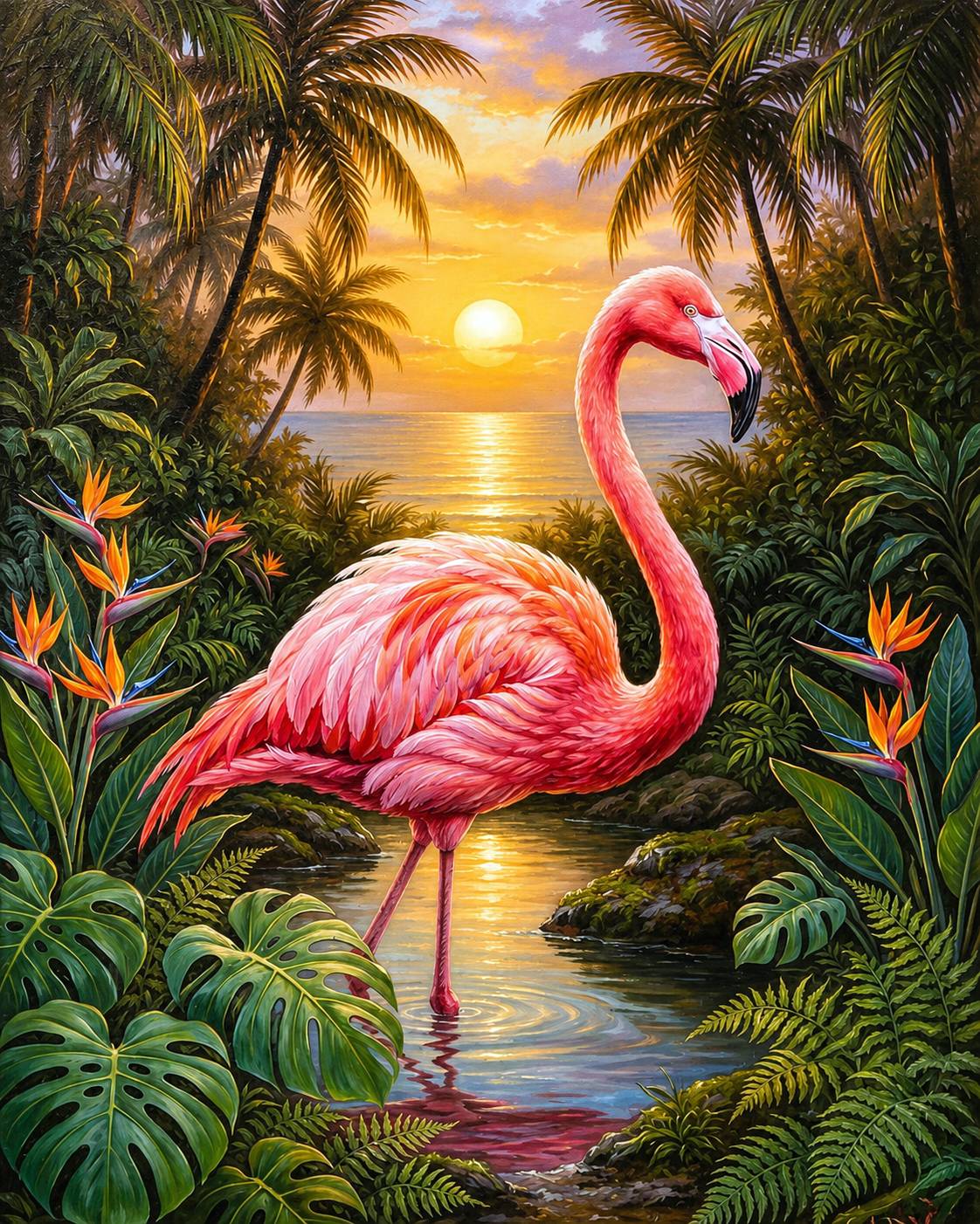 A tropical sunset artwork featuring a pink flamingo standing in shallow water among palm trees, lush green foliage, and orange flowers, with the sun low over the ocean in the background. Flamingo - Diamond painting kit