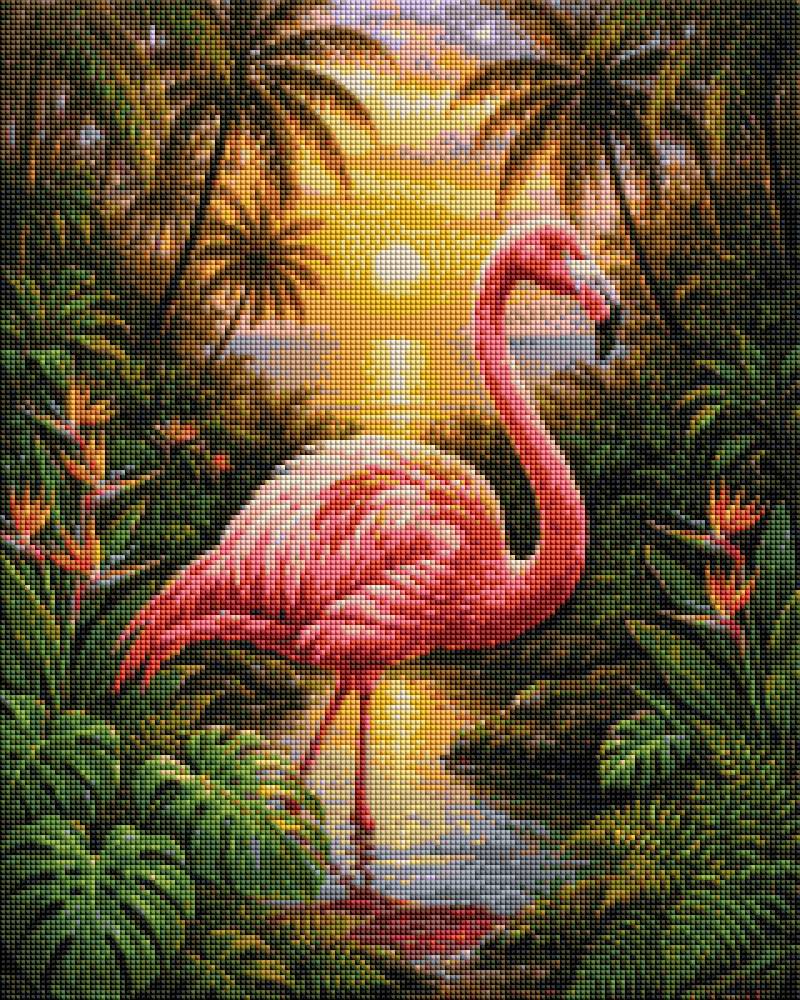 A tropical sunset scene featuring a pink flamingo standing in shallow water, surrounded by palm trees, green foliage, and orange flowers. The artwork fills the entire frame. Flamingo - Diamond Painting