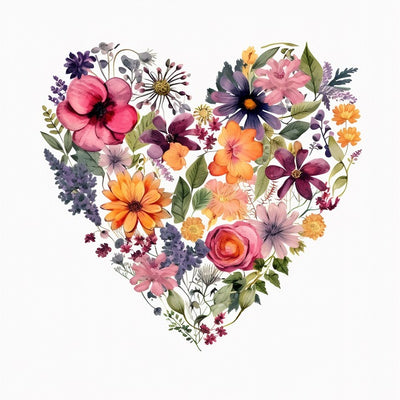 A heart-shaped floral arrangement made of watercolor-style flowers and green leaves on a plain white background. Floral Heart - Diamond Painting