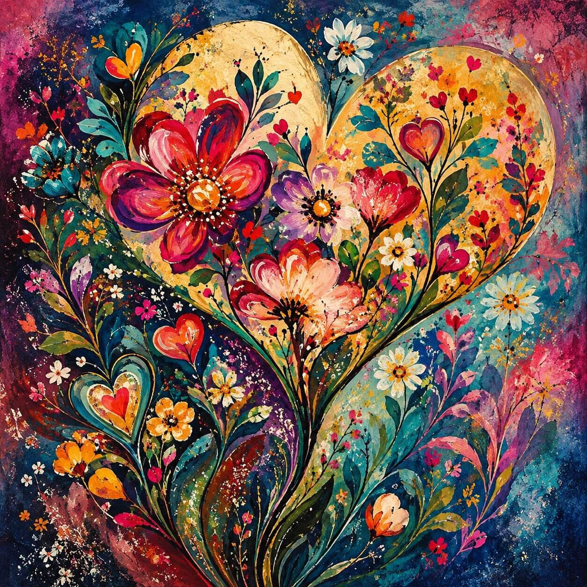 A colorful abstract floral artwork featuring a large heart shape filled with flowers and leaves, surrounded by smaller hearts and blossoms on a dark blue and purple background.  Floral Heart - Diamond Painting