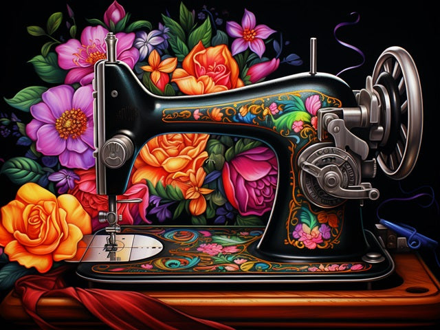 A decorative black vintage-style sewing machine with ornate multicolor floral artwork, shown on a wooden surface with a red ribbon and a large colorful floral backdrop against a black background. Floral Stich Time - Diamond Painting