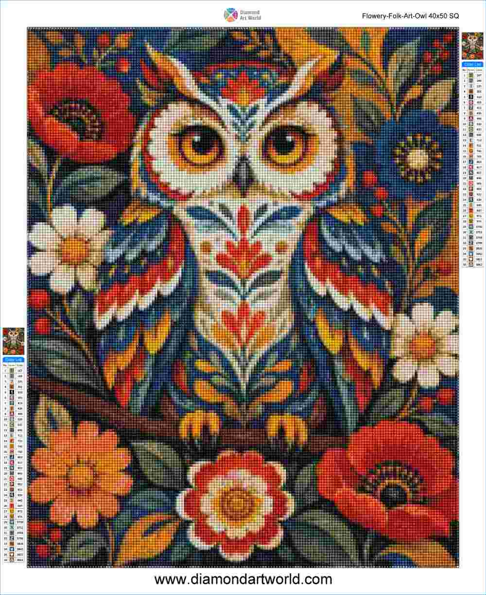 Flowery Folk Art Owl - Diamond Painting Layout