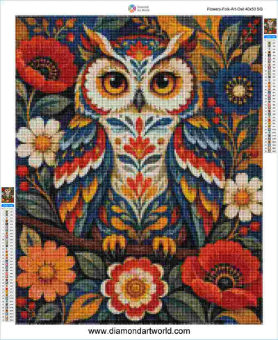 Flowery Folk Art Owl - Diamond Painting Layout