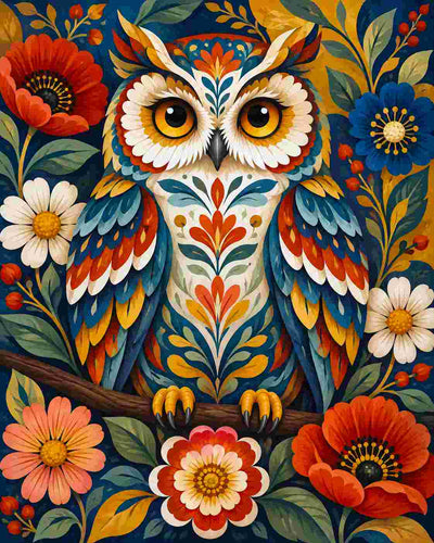 A colorful, stylized illustration of an owl surrounded by flowers on a dark teal background. The owl has large yellow eyes, white facial markings, and feathers in blue, teal, orange, red, and yellow. Flowery Folk Art Owl - Diamond Painting