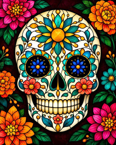 A vibrant, colorful sugar skull illustration with floral details, surrounded by large orange, pink, and teal flowers on a dark background. Folk Art Painted Skull - Diamon Painting