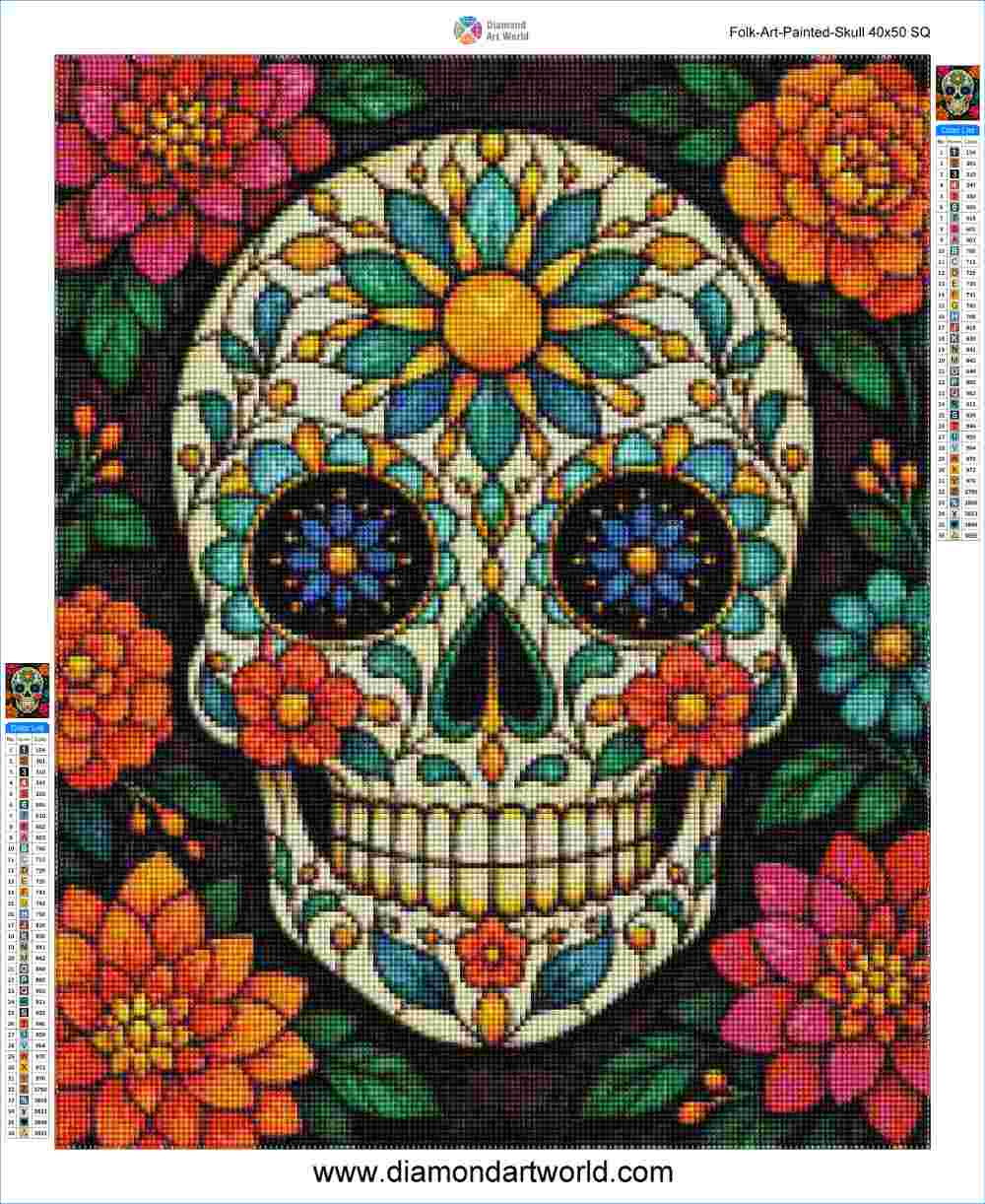 Folk Art Painted Skull - Diamon Painting Layout