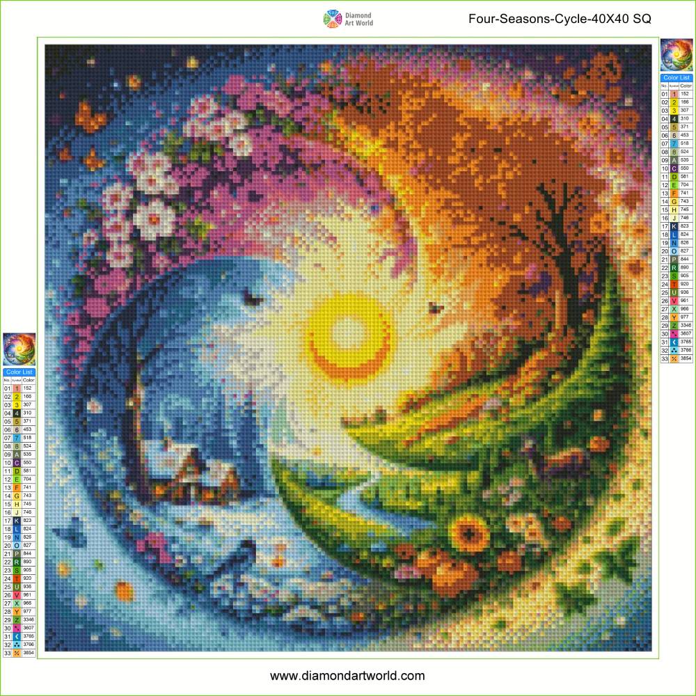 Four-seasons-cycle diamond painting with colorful depiction of nature in four seasons. Four Seasons Cycle - Diamond painting layout