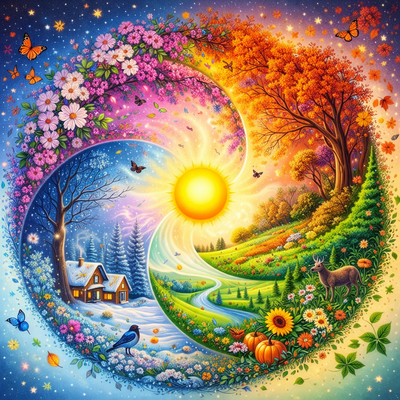 Seasonal cycle with trees, flowers, animals, and a house, symbolizing the passage of time. Four Seasons Cycle - Diamond painting