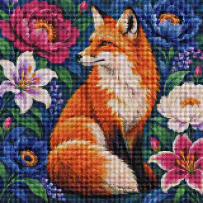 A canvas featuring a detailed design of a red fox surrounded by colorful flowers, including pink, white, and blue blossoms with green leaves. Fox the Queen of Flowers - Diamond Painting