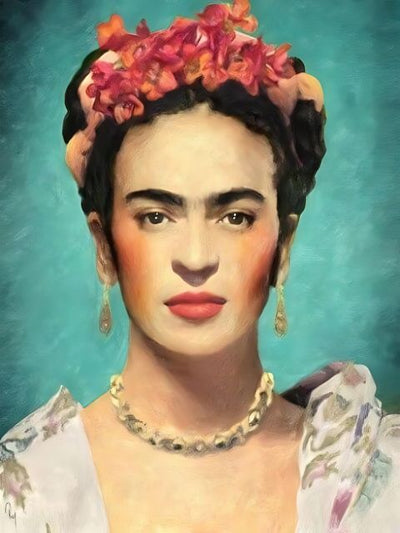 Frida Kahlo diamond painting self portrait with floral headpiece and teal background