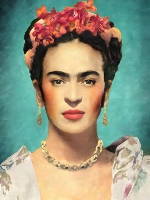 Frida Kahlo diamond painting self portrait with floral headpiece and teal background