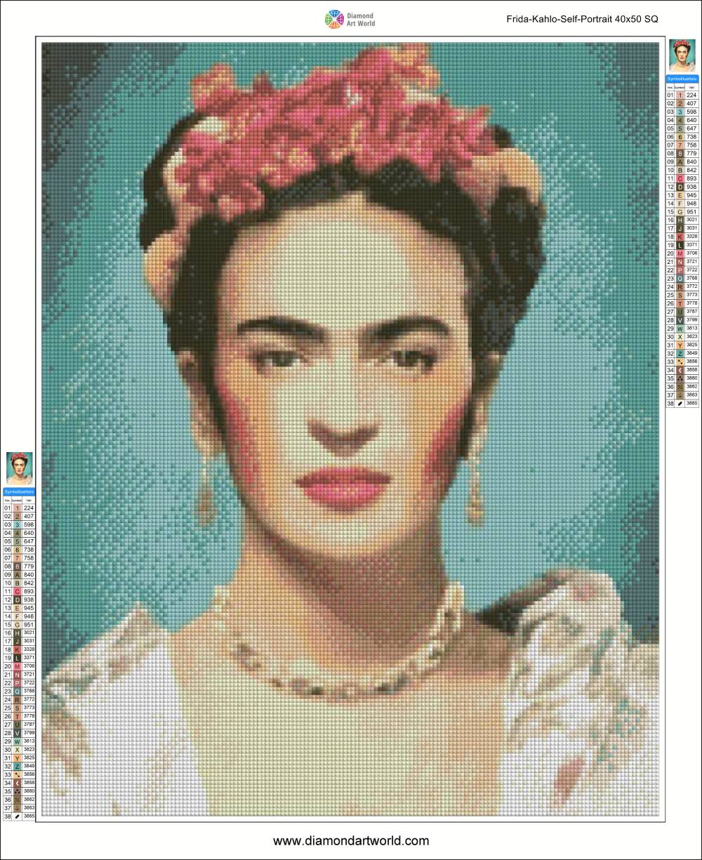 Frida Kahlo self-portrait diamond painting in progress. Frida Kahlo Self Portrait - Diamond Painting Layout