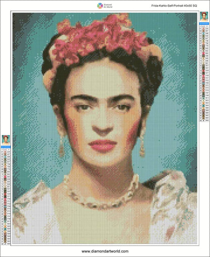 Frida Kahlo self-portrait diamond painting in progress. Frida Kahlo Self Portrait - Diamond Painting Layout