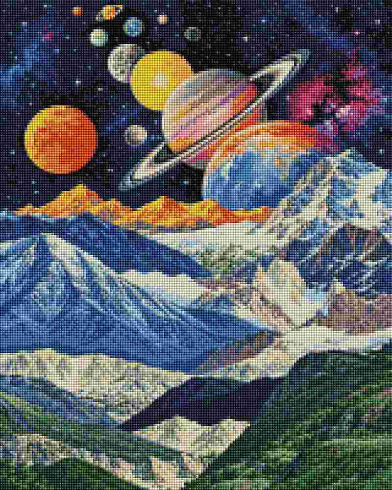 A colorful space-themed landscape artwork showing snow-capped mountains beneath a starry sky with planets, including a ringed planet and glowing orange celestial bodies. From Moon - Diamond Painting
