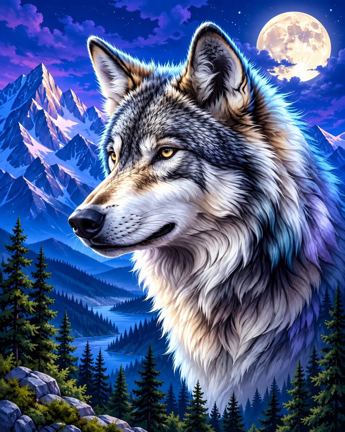 A digital art print of a majestic wolf's head in profile, set against a vibrant mountain and forest landscape under a full moon. Fullmoon Wolf - Diamond painting