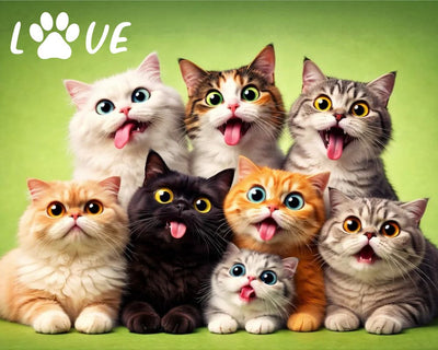 Nine cats with open mouths on a green background with 'LOVE' text. Funny Cat Faces - Diamond Painting