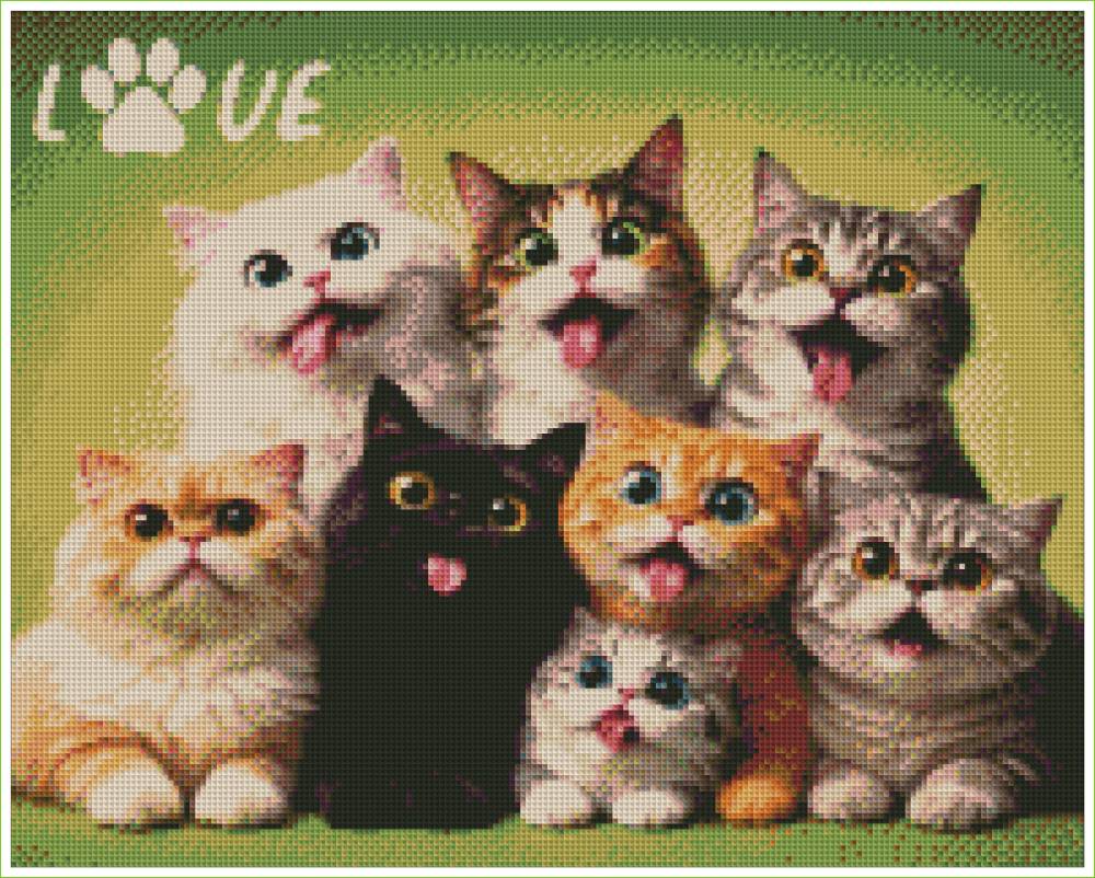 Illustration of seven cats with a paw print and 'LOVE' text on a green background. Funny Cat Faces - Diamond Art World
