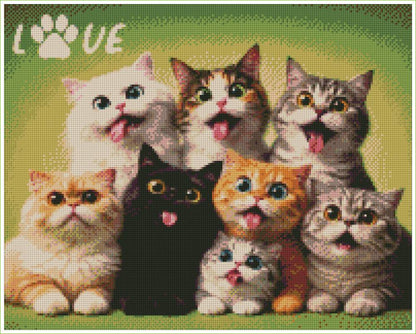 Illustration of seven cats with a paw print and 'LOVE' text on a green background. Funny Cat Faces - Diamond Art World