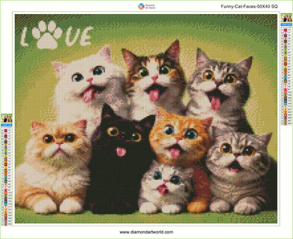 Diamond painting of cats with a 'LOVE' text on a green background. Funny Cat Faces - Diamond painting layout