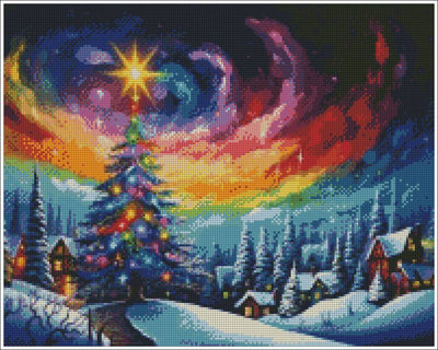 A colorful pixelated winter landscape artwork showing a glowing Christmas tree in a snowy village under a dramatic rainbow sky with swirling purple, red, orange, yellow, and blue clouds. Galactic Christmas Glow - Diamond Art