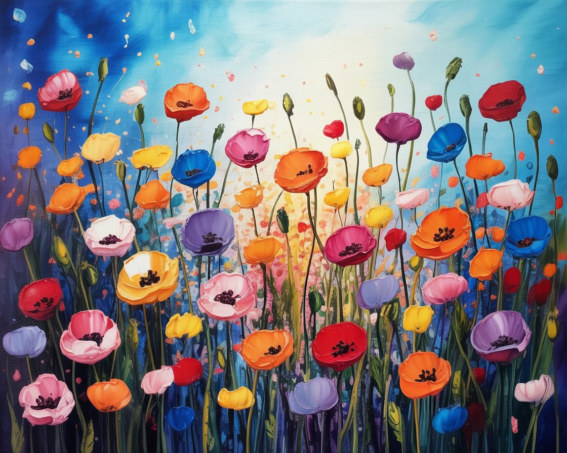 Colorful painting of flowers with a blue sky background. Garden of Poppies - Diamond Painting