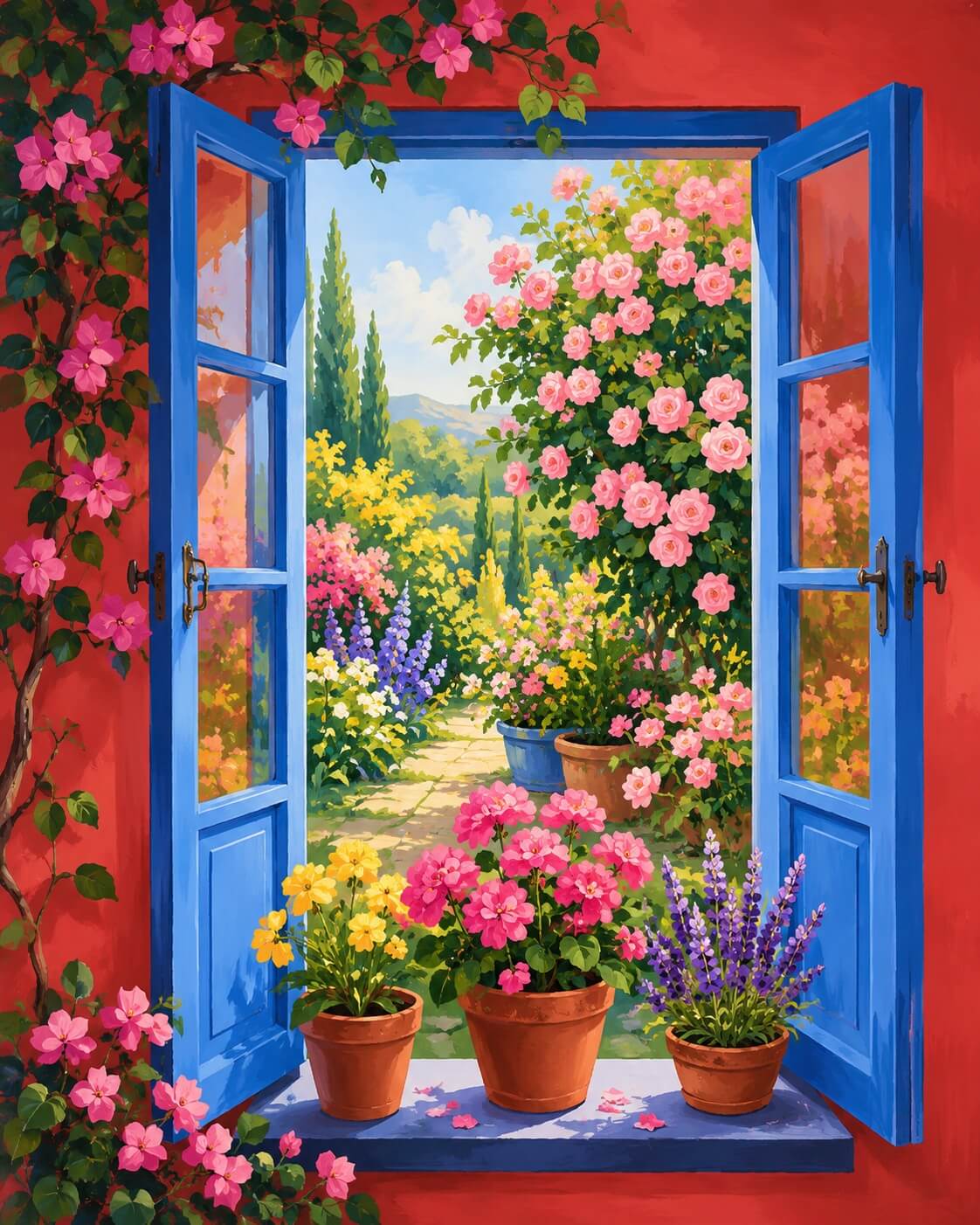 A vibrant digital painting of a sunlit window looking out onto a lush garden. The scene features bright blue open double doors, potted pink and yellow flowers on the windowsill, and climbing pink roses and lavender vines against a warm red-orange wall. Garden - Diamond Painting
