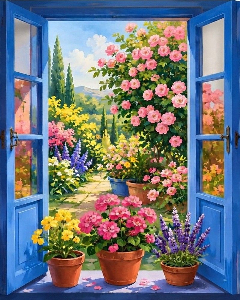 A colorful painting of an open blue window looking out onto a lush garden with pink roses, yellow flowers, lavender, and a stone path under a bright sky. Garden - Diamond Painting